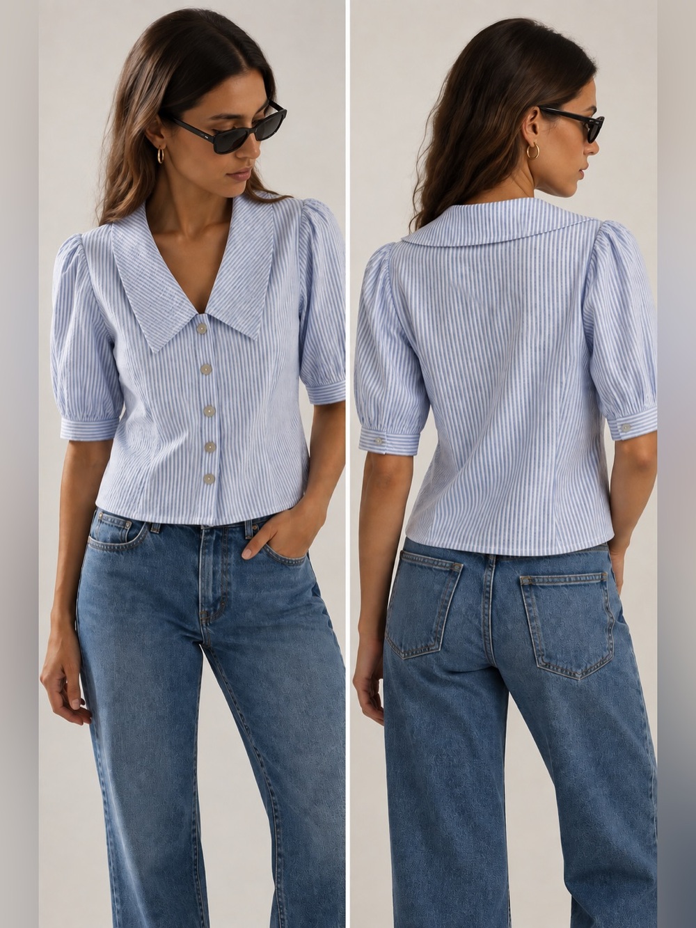 Nation LTD White and Blue Pinstripe Button-Front Collared Top